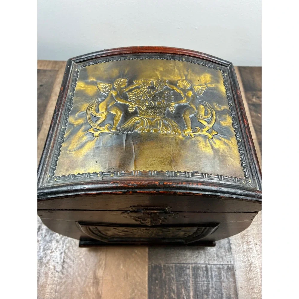 Vintage Wooden Treasure Chest Jewelry Box Cherub Relief Brown Gold Small Trunk